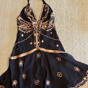 Temperley London black halter dress with dark gold / bronze embroidery